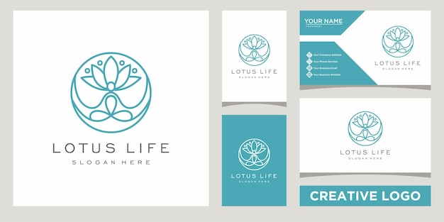 Yoga with lotus flower, beauty or spa logo design template with business card design