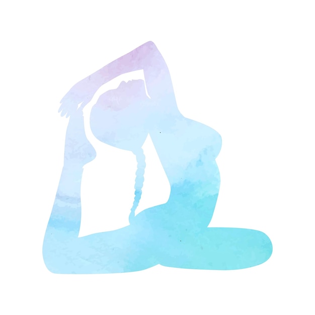 Yoga woman silhouette in King Pigeon pose, texture blue aqua watercolor hand drawing.