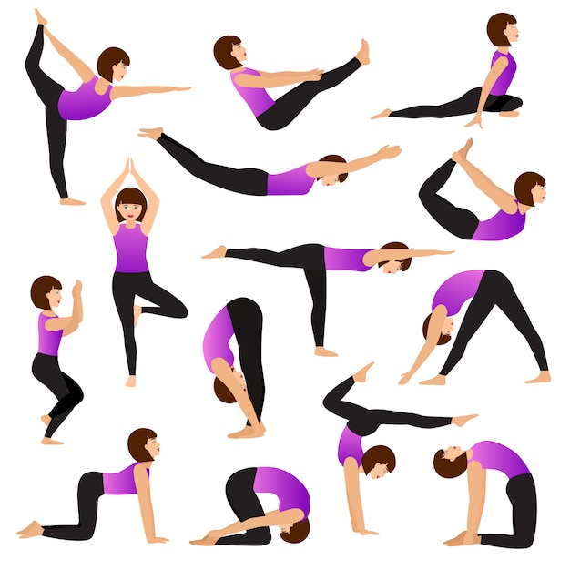 Insieme flessibile della femmina dell'illustrazione di posa di esercizio di esercizio flessibile del carattere degli yogi delle giovani donne della donna di yoga dell'allenamento sano di stile di vita delle ragazze con rilassamento dell'equilibrio di meditazione isolato su fondo bianco