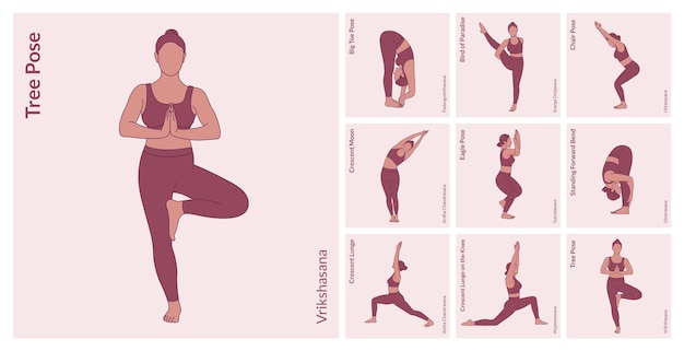 Vector yoga workout set young woman practicing yoga poses woman workout fitness aerobic and exercises