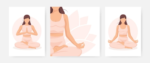 Yoga young woman, card concept. set of 3 posters. healthy lifestyle. template. vector illustration.