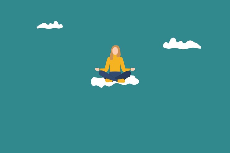 Вектор женщина yoga39, парящая в облаках, мечтательная деловая женщина