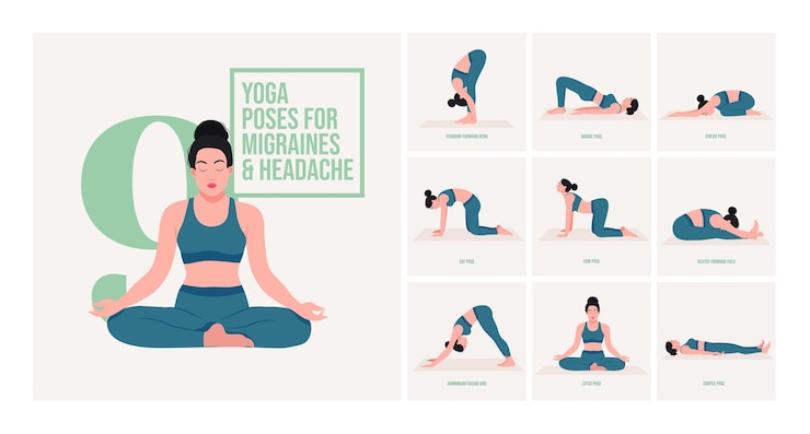 Vector yogahoudingen voor migraine hoofdpijn jonge vrouw die yogahoudingen beoefent