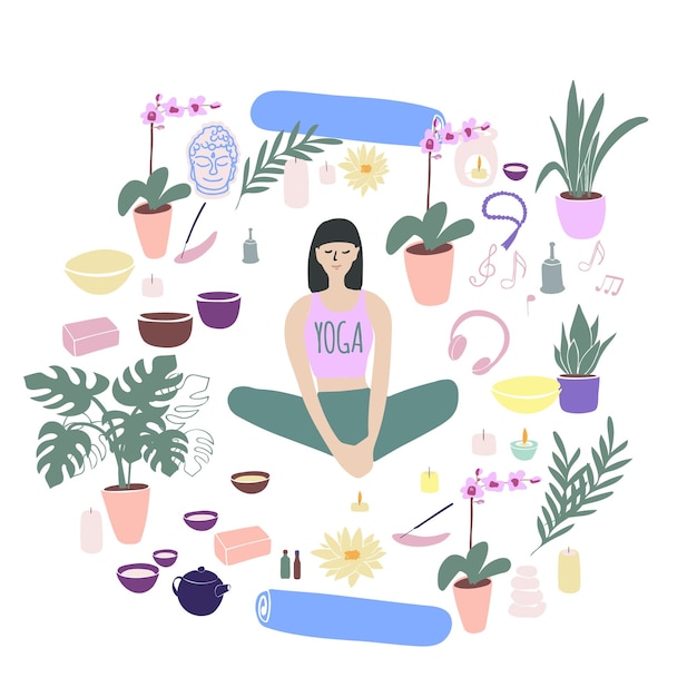 Vector yogaset meisje doet yoga yoga thuis yogamat planten kaarsen