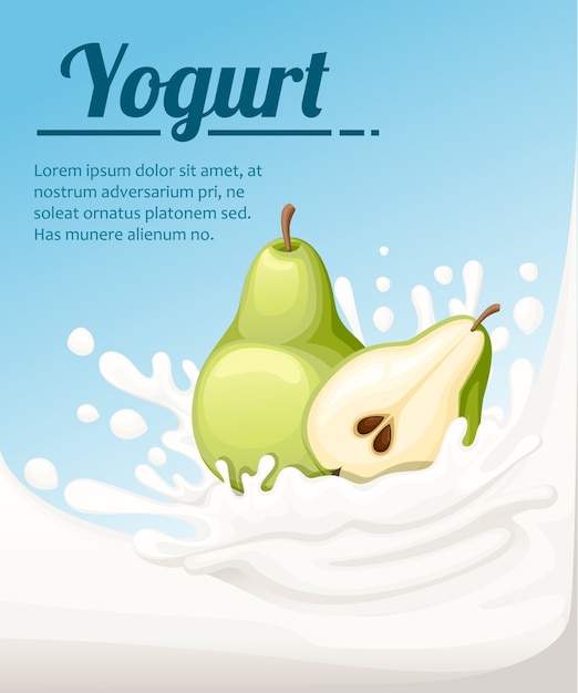 Yoghurt met peer. melk spatten en perenfruit. yoghurtadvertenties in. illustratie op lichtblauwe achtergrond. plaats voor uw tekst.