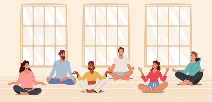 Yogi mannen en vrouwen mediteren in grote zaal zittend in Lotus houding mannelijke en vrouwelijke karakters in yogales doen sportactiviteiten gezonde levensstijl geest evenwicht cartoon vectorillustratie