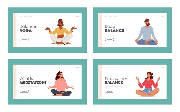 yogi men and women meditate landing page template set male and female characters sit in lotus posture in yoga class