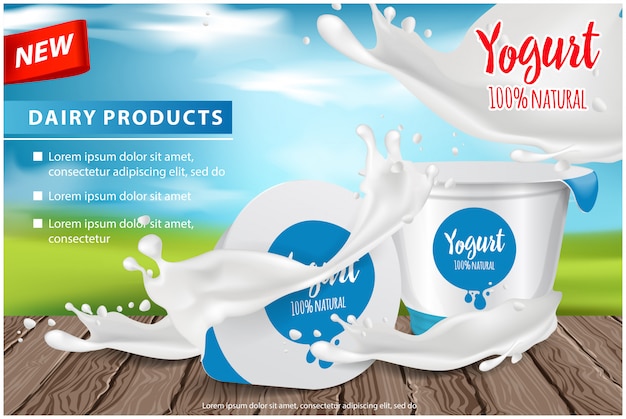 ヨーグルト広告、丸い白い光沢のあるプラスチック製のポット、食欲をそそるヨーグルトスプラッシュ、ウェブや雑誌のイラスト