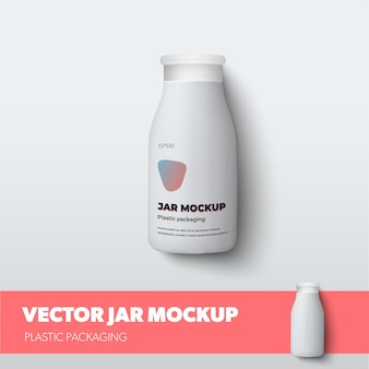 Mockup vettoriale di bottiglia di yogurt, con presentazione del design in rosso, con ombre realistiche. modello di vaso di plastica lozione isolato su priorità bassa. confezioni di vitamine per la pubblicità in farmacia e medicina