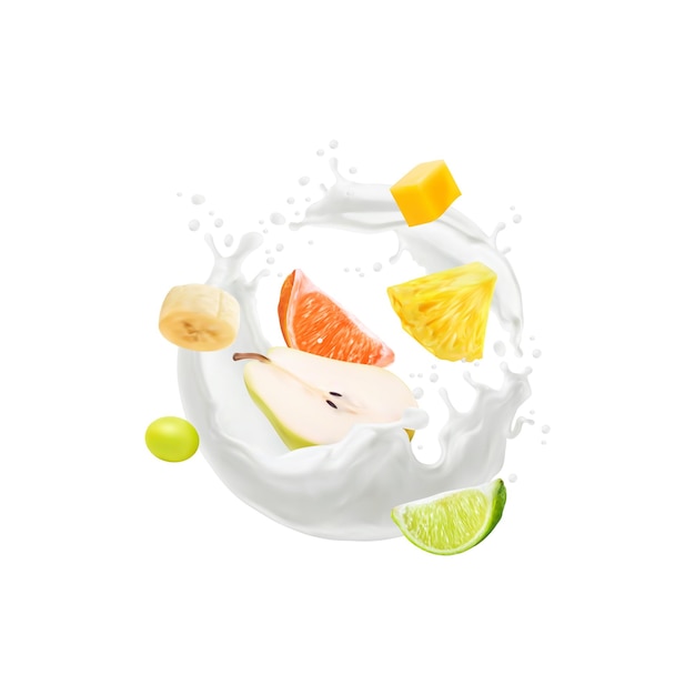 Вектор Йогурт, напиток, брызги и молоко, тропические фрукты.