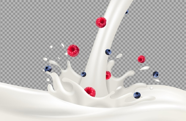 Yogurt splash. Berries milk flow and milk splash vector on transparent background. Realistic raspberry blueberry cream. Illustration milk yogurt sweet, cream splash liquid strawberry