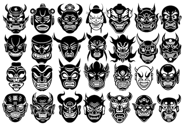 Yokai Demons Masks Silhouettes Vector Set Illustration Collection Japanese Mythology