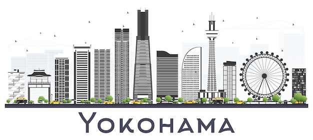 Orizzonte di yokohama giappone con edifici di colore isolato su bianco. illustrazione di vettore. viaggi d'affari e concetto di turismo con architettura moderna. paesaggio urbano di yokohama con punti di riferimento.