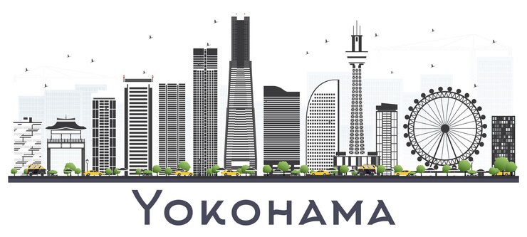 Vector 白で隔離された色の建物と横浜日本のスカイライン。ベクトルイラスト。近代建築とビジネス旅行と観光の概念。ランドマークのある横浜の街並み。