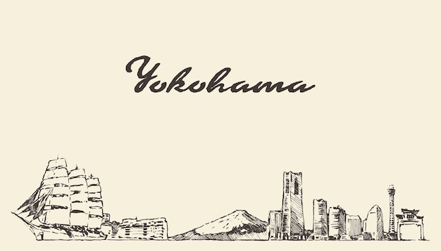 Yokohama skyline, Japan, hand getrokken vectorillustratie, sketch