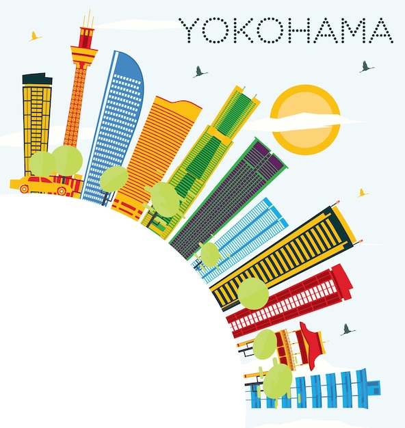 Yokohama Skyline with Color Buildings, Blue Sky and Copy Space. Vector Illustration. Business Travel and Tourism Concept with Modern Architecture.