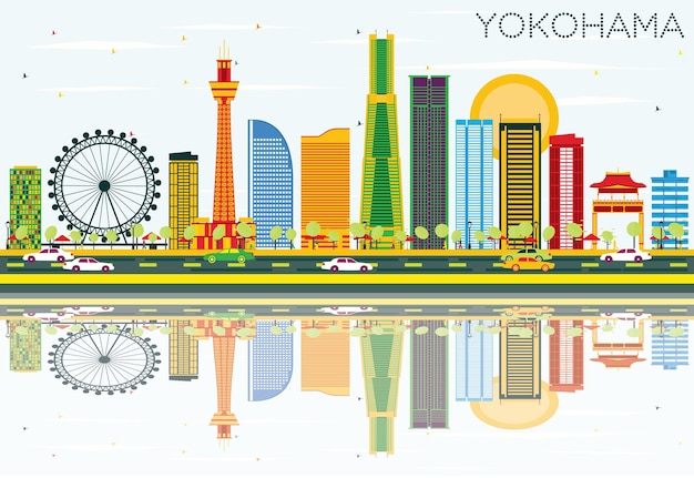 Vector yokohama skyline with color buildings, blue sky and reflections. vector illustration. business travel and tourism concept with modern architecture. image for presentation banner placard and web site.