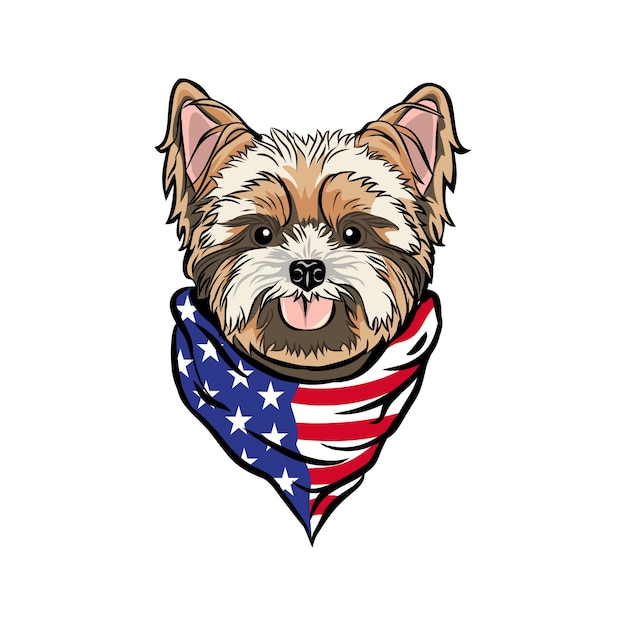 Vector yorkshire terrier dog head dragen amerikaanse vlag nek bandana