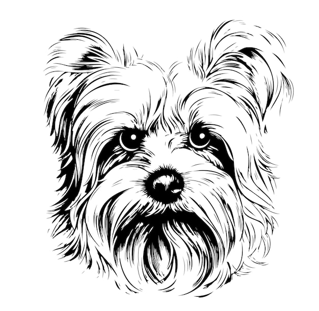 Vettore sketch della testa di un cane yorkshire terrier, cartone animato vettoriale disegnato a mano