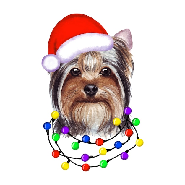 Йоркширский терьер с рождественскими огнями в шляпе Санты. Милая рождественская иллюстрация щенка.