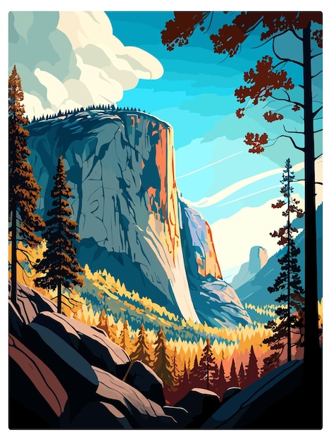 Vector yosemite el capitan california vintage travel poster souvenir postcard portrait painting wpa