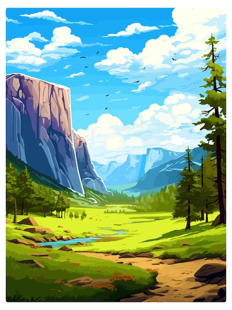 Vettore parco nazionale di yosemite poster di viaggio vintage souvenir cartolina ritratto pittura wpa illustrazione