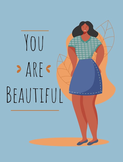 Vector you are beautiful poster  template. feminism movement. brochure, cover, booklet page concept design with flat illustrations. overweight african woman. advertising flyer, banner layout idea