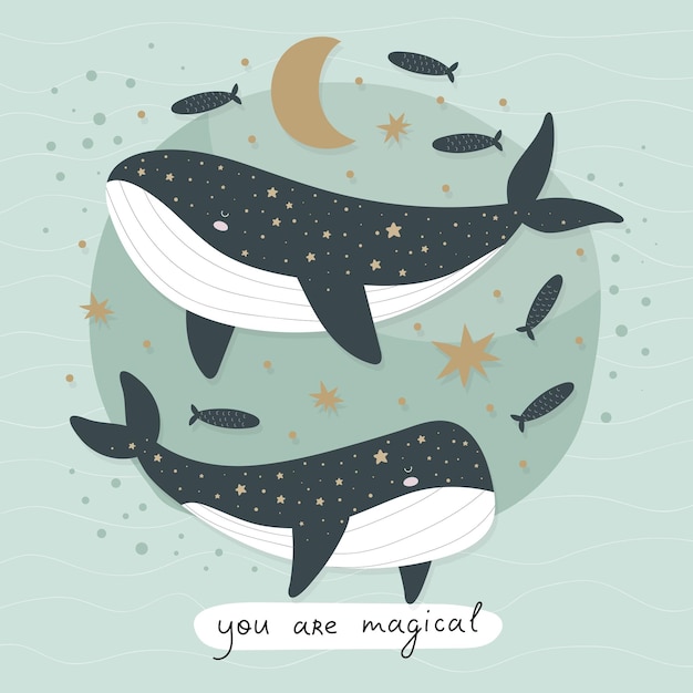 Vector you are magical cartoon whale hand drawing lettering