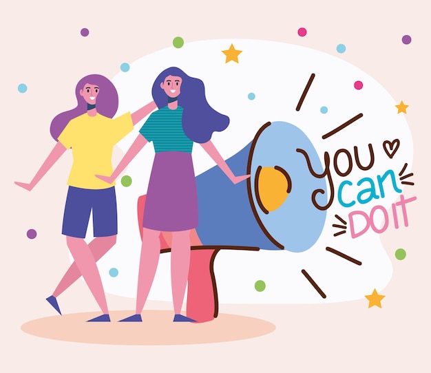 You can doit lettering with girls and megaphone  illustration