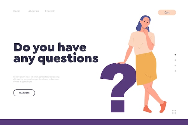 Do you have any question concept for landing page design template website faq online service offering answers and important information for users Pensive thoughtful woman vector illustration