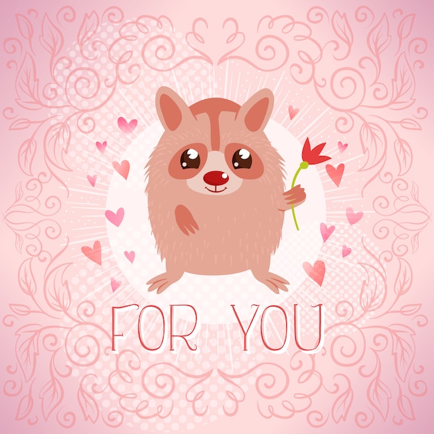 Vector for you illustration with cute racoon holding a flower