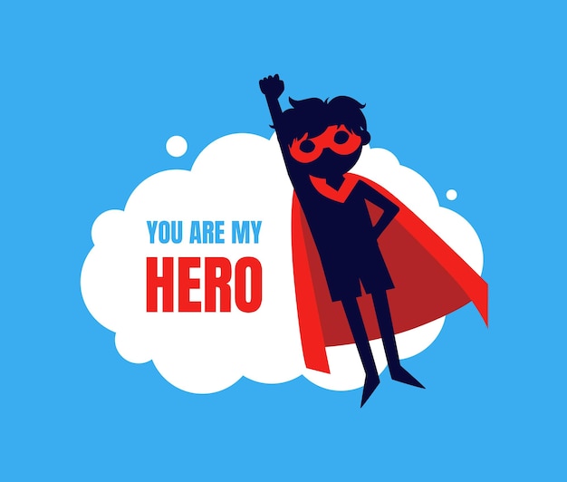 Ты, мой герой, симпатичный мальчик в костюме и маске супергероя, летающий в небе векторная иллюстрация веб-дизайн