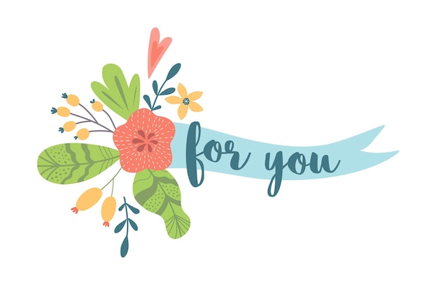 Per te testo su nastro con fiori carino elemento floreale per carte inviti amore banner congratulazioni vector