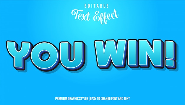 Vector you win, blue cartoon style editable text effect