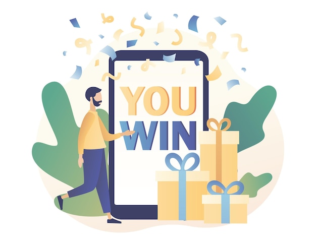 You win text on screen smartphone congrats winner on falling down confetti background modern flat cartoon style vector illustration on white background