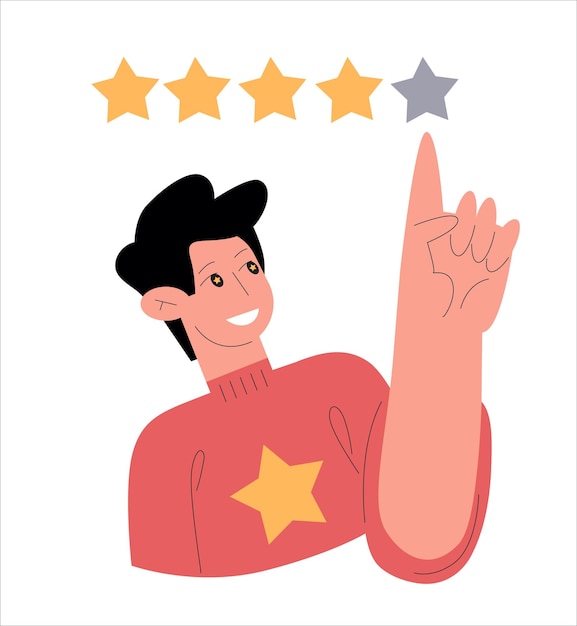 Vector yound boy rates pleasure and satisfaction of product or service giving five stars review feedback