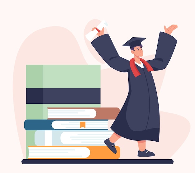 Vector young academic walking near books happy graduation concept