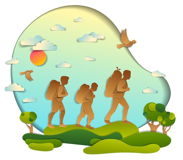 Young active family hiking to nature with grasslands and trees, father, mother and son. vector illustration of beautiful summer scenic landscape, birds in the sky, holidays.