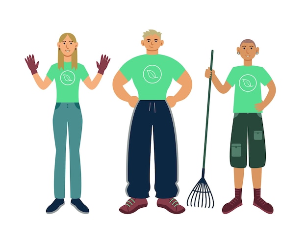 Young active female in protective gloves and male volunteers ready to carry nature, clean up outside. Teamwork to protect and save environment. Aid and support. Flat vector illustration