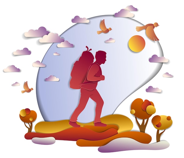 Vector young active man hiking in autumn to nature with grasslands and trees, vector illustration of beautiful autumnal scenic landscape, birds in the sky, vacation.