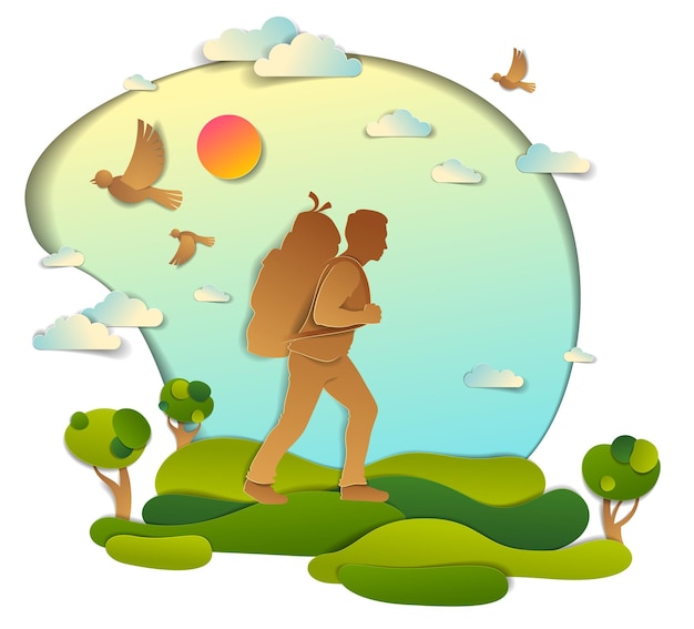 Young active man hiking to nature with grasslands and trees, vector illustration of beautiful summer scenic landscape, birds in the sky, holidays.