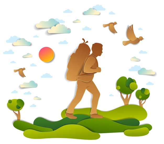 Young active man hiking to nature with grasslands and trees, vector illustration of beautiful summer scenic landscape, birds in the sky, holidays.