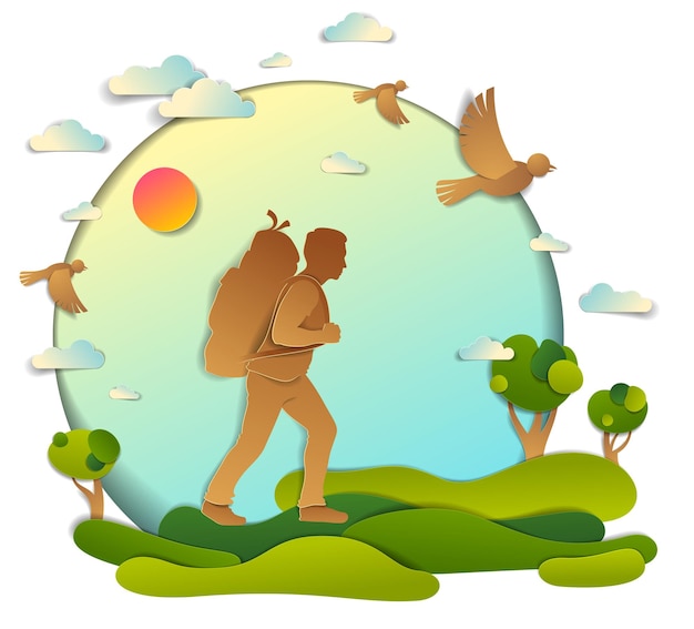 초원과 나무가 있는 자연으로 하이킹을 하는 젊은 활동적인 남자, 아름다운 여름 경치의 벡터 삽화, 하늘의 새, 휴일.