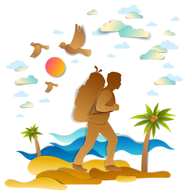 Молодой активный человек, путешествующий пешком к морскому берегу с пальмами и волнами на заднем плане, векторная иллюстрация красивого летнего живописного дикого пляжного пейзажа, птиц в небе, праздников.
