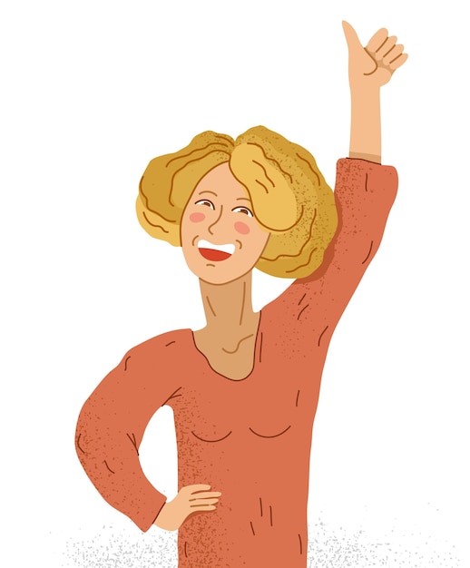 Vector young adorable happy woman shows thumb up finger vector illustration isolated, smiling girl shows like gesture with hand raised up.