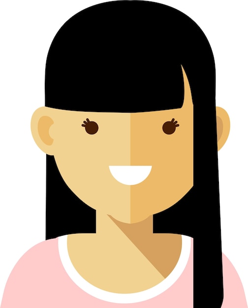 Vector young adult asian girl woman in pink tshirt with long black hair avatar face icon in flat style