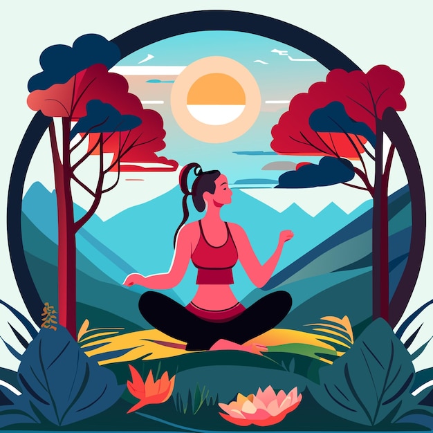 Vector young adult enjoying yoga in nature