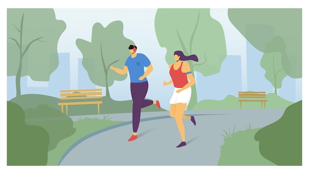 Vector young adult male and female jogging together at park wearing casual athletic clothes outdoor