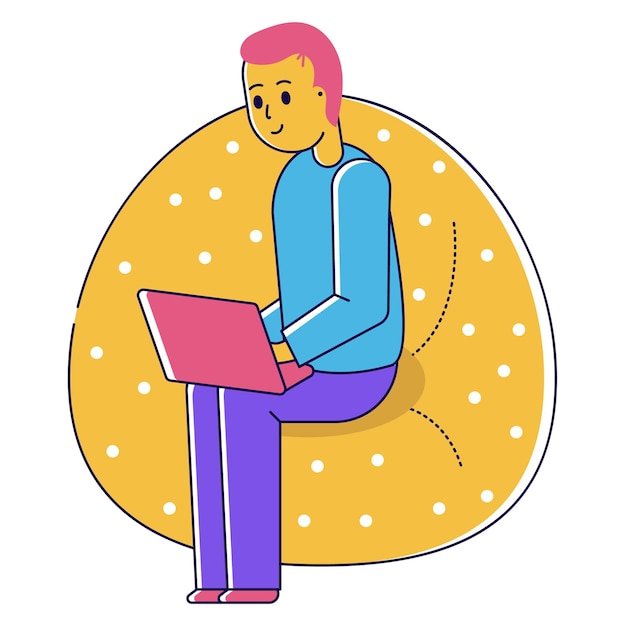 Young adult male sitting on a chair using a laptop casual style colorful vector illustration