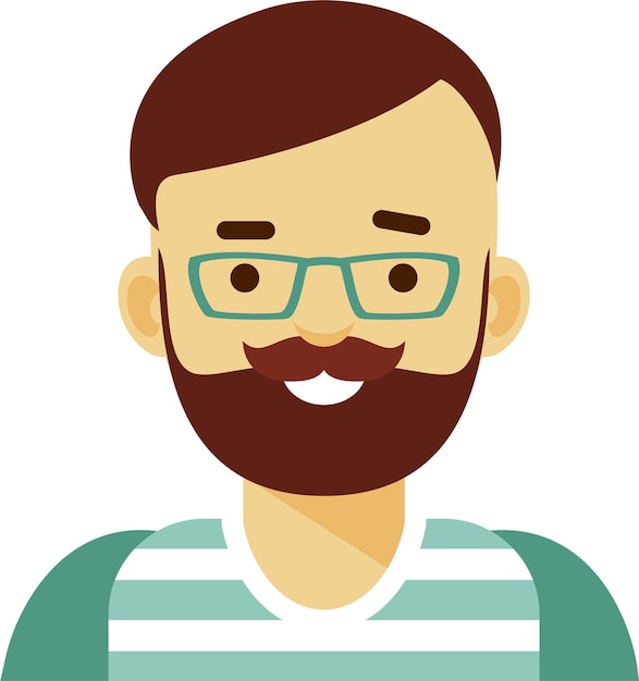 Vector young adult man hipster with beard and mustache in striped tshirt avatar face icon in flat style